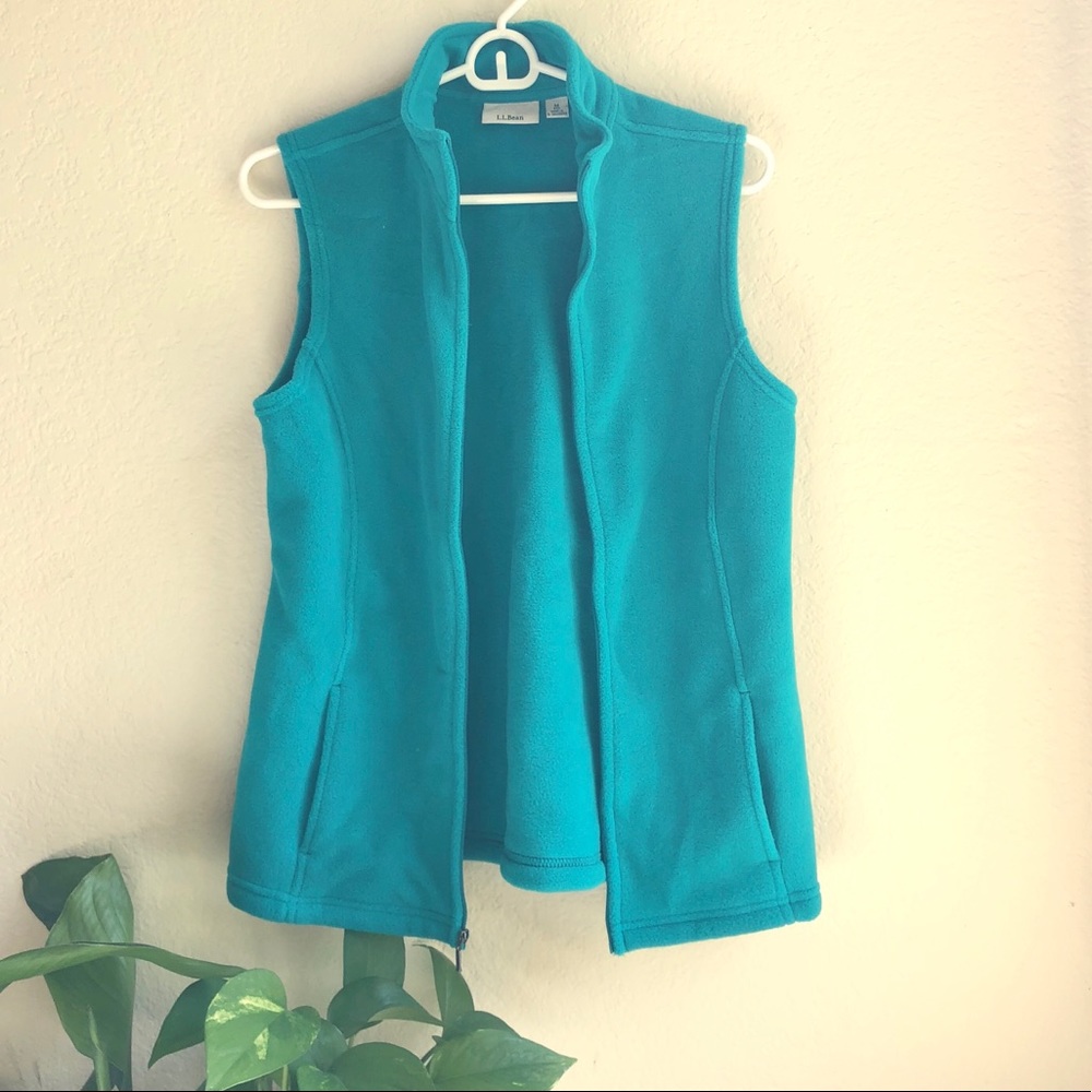 LL Bean Teal Blue Fleece Vest Pockets NWOT